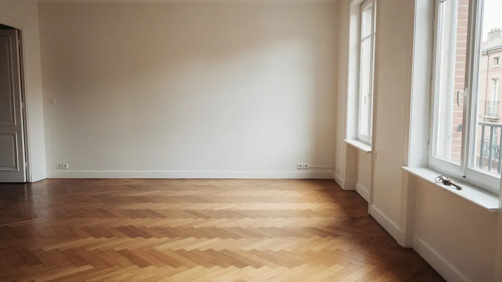 Intérieur appartement vide avec parquet et lumière naturelle, clés sur rebord fenêtre