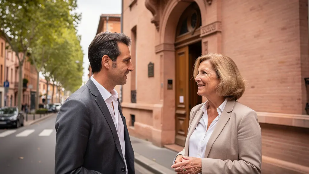 Agent immobilier et cliente discutant devant façade immeuble briques roses Toulouse
