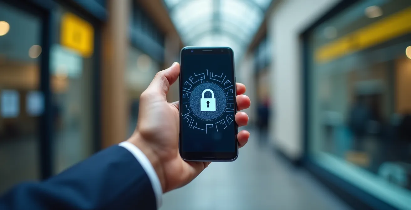 Main tenant un smartphone avec une application sécurisée, symbolisant la protection du compte CPF grâce à l'Identité Numérique, avec un bureau de poste flou en arrière-plan.