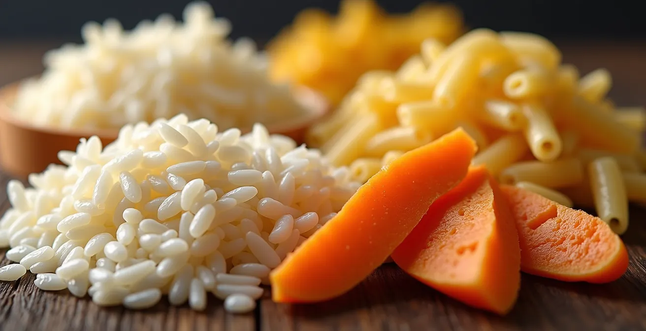 Assortiment d'aliments glucidiques adaptés à la charge pré-marathon disposés sur une table en bois