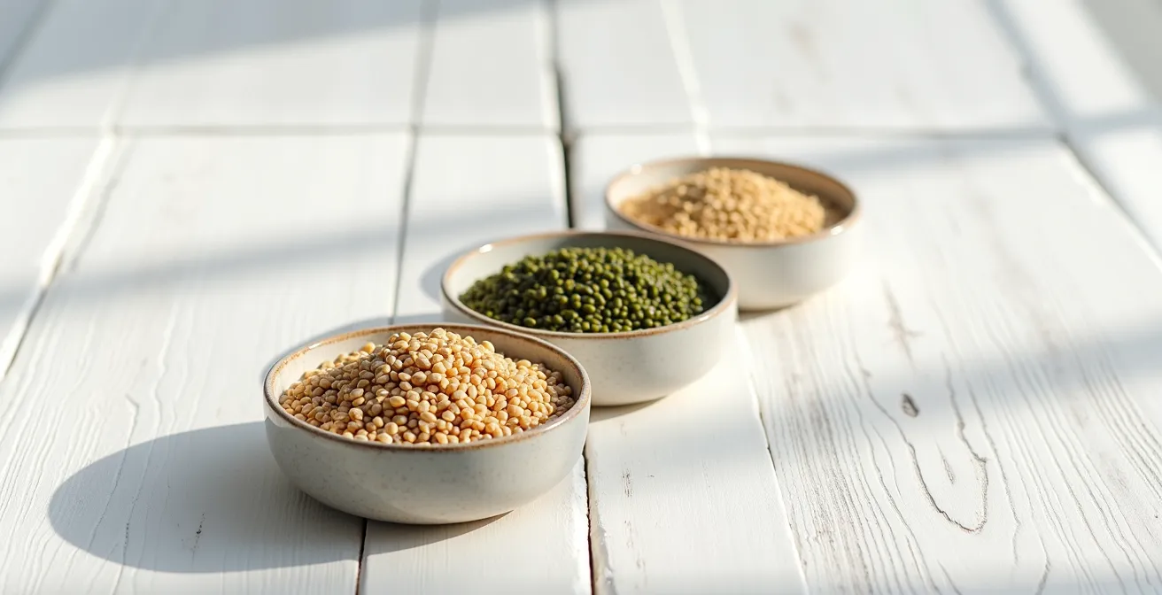 Composition minimaliste de bols contenant des lentilles du Puy, du sarrasin et des graines de lin sur fond épuré
