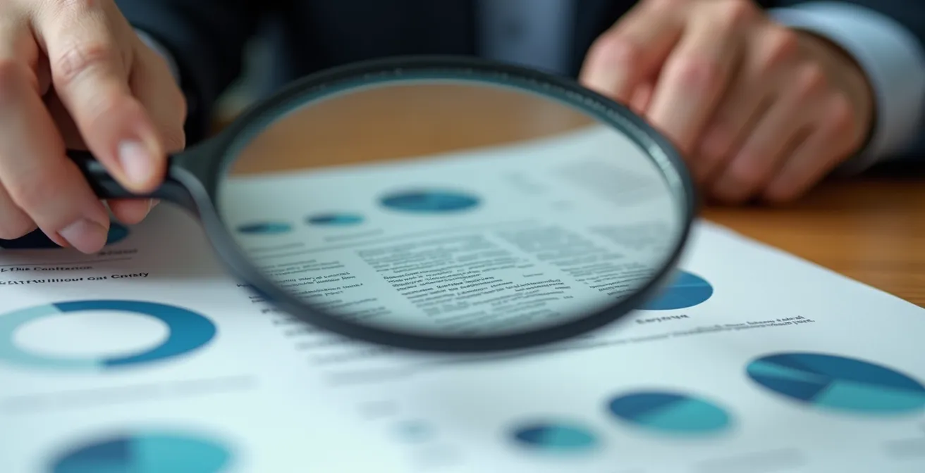 Personne examinant des documents contractuels avec une loupe pour identifier les clauses importantes