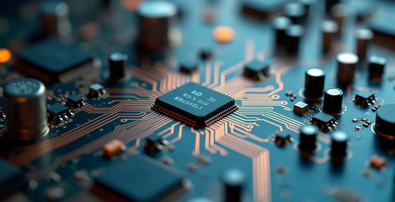 Vue macro de circuits électroniques avec détails de composants