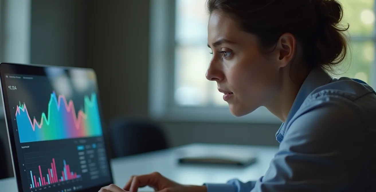 Une personne examine attentivement l'évolution des prix sur un écran d'ordinateur montrant des graphiques temporels abstraits