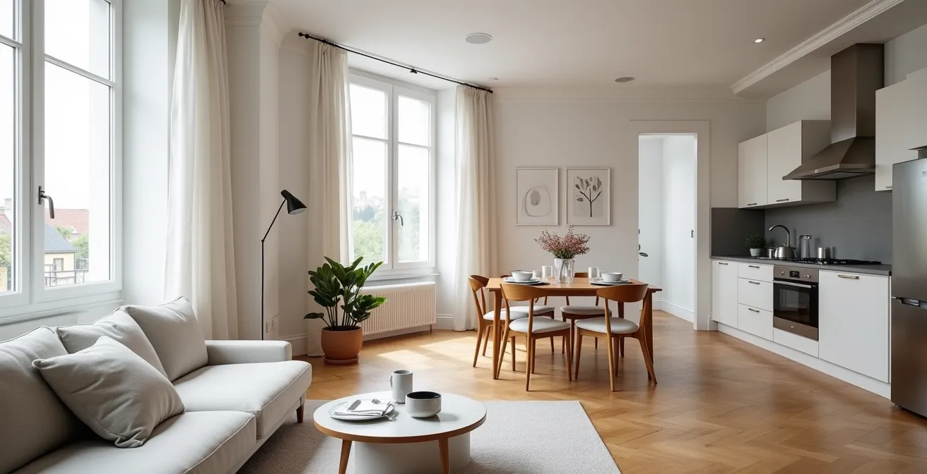 Intérieur d'appartement meublé moderne respectant les normes LMNP en France