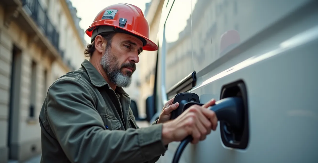 Artisan électricien chargeant son utilitaire électrique devant un chantier parisien