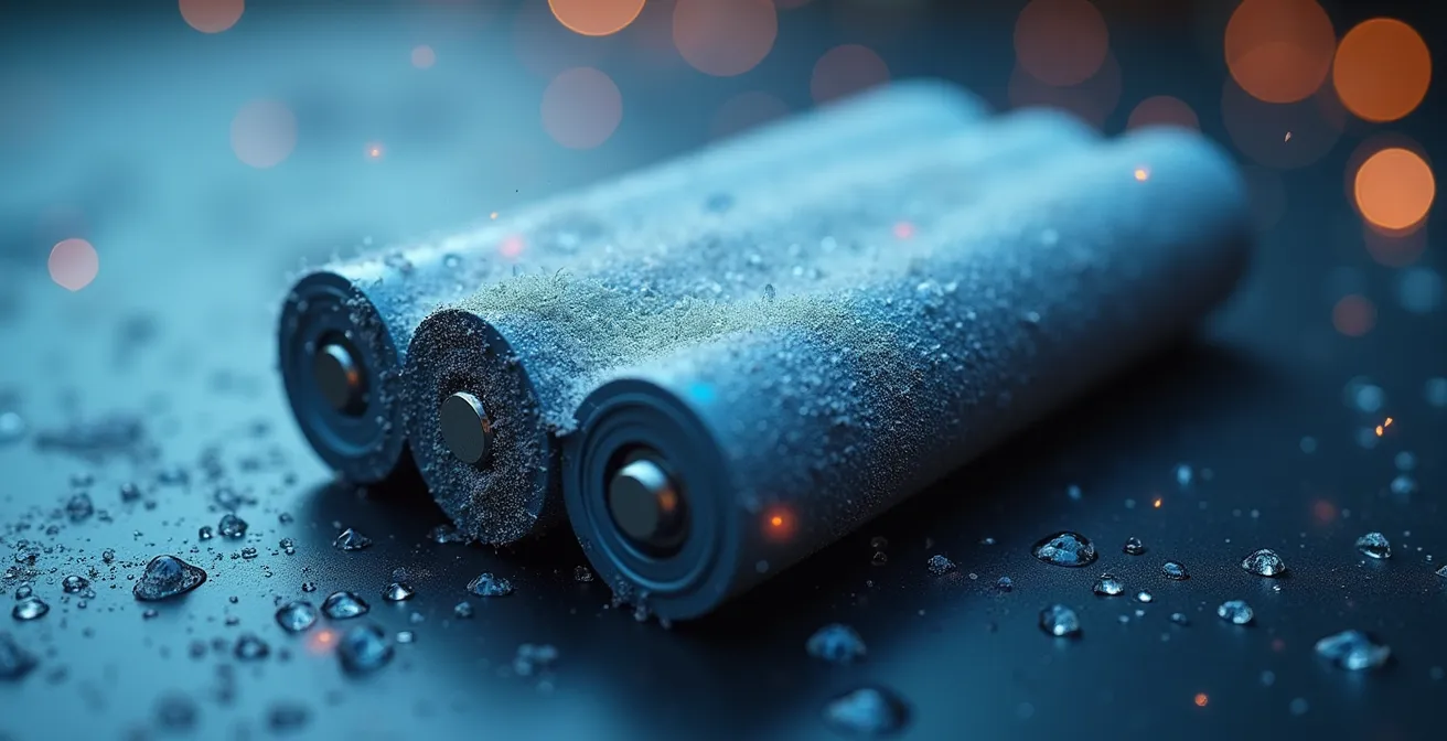 Gros plan sur une batterie de scooter électrique avec condensation et givre visible sur les surfaces