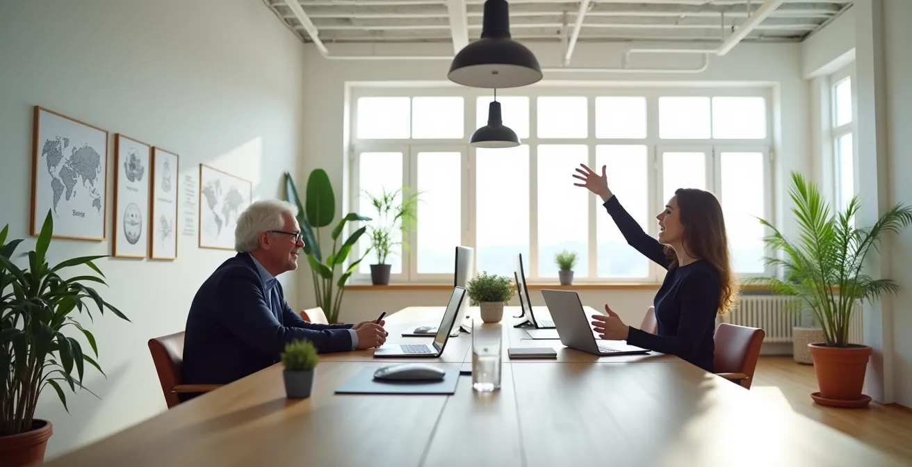 Un jeune professionnel et un senior échangent autour d'un projet, chacun apportant son expertise unique