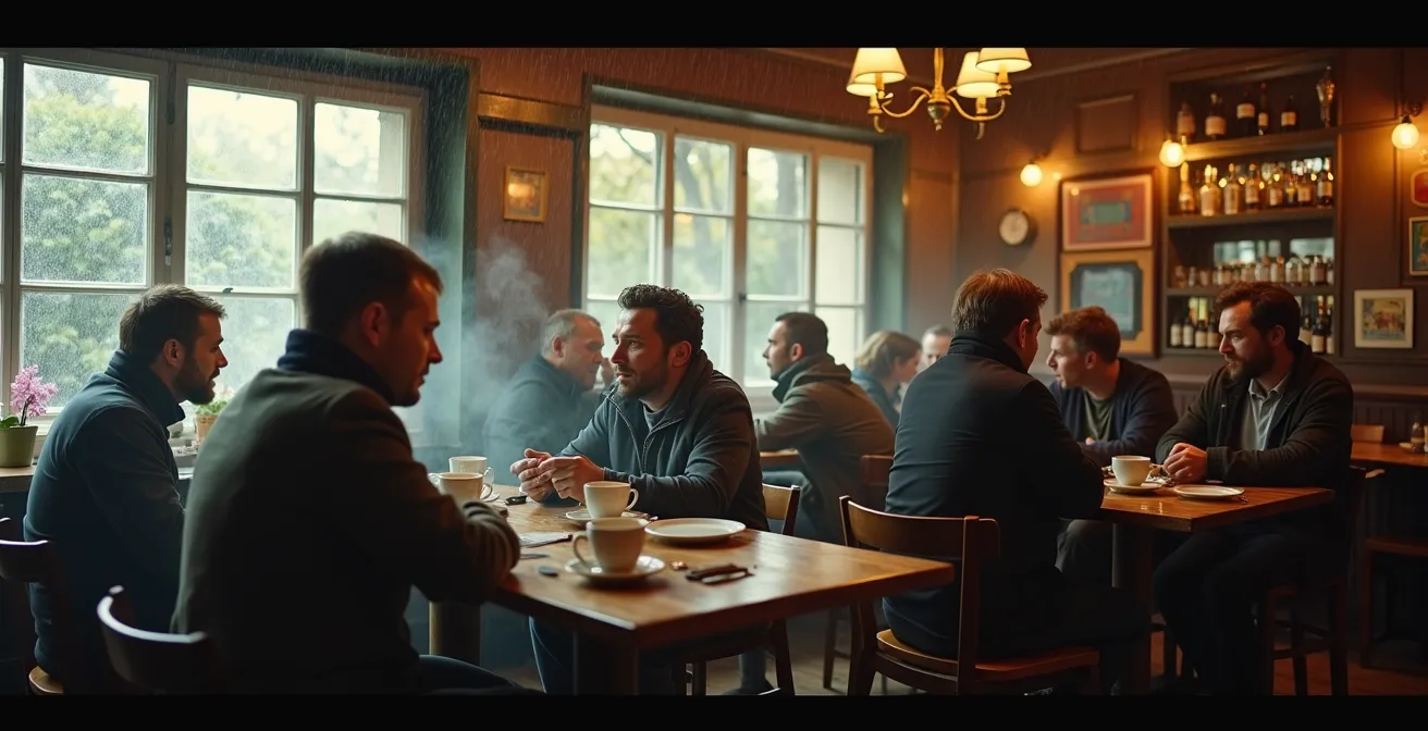Intérieur chaleureux d'un café de village français avec agriculteurs locaux attablés, ambiance vapeur de café et lumière tamisée