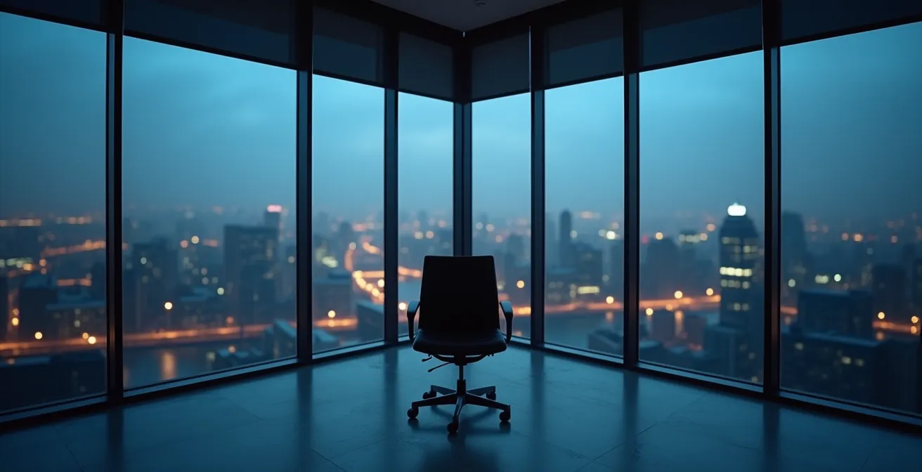 Vue en contre-plongée d'un bureau vitré en hauteur avec vue panoramique sur la ville, évoquant l'isolement malgré le succès