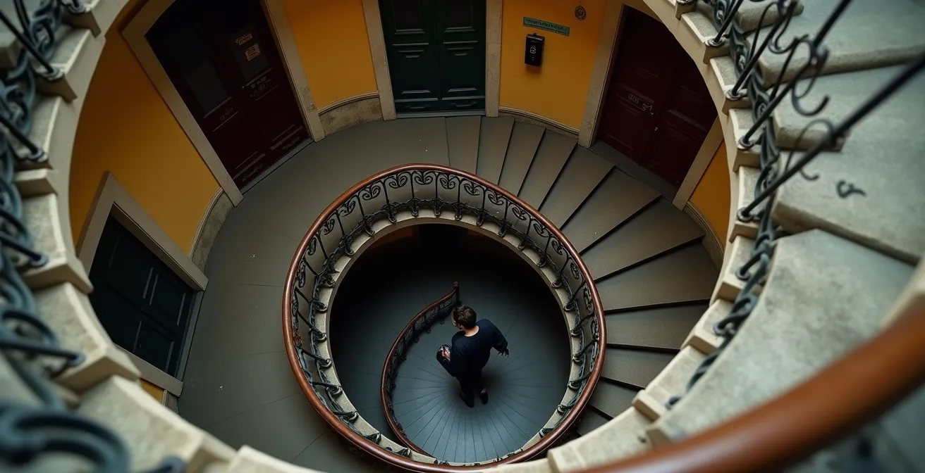 Vue plongeante d'une cage d'escalier parisienne typique en spirale avec une personne montant