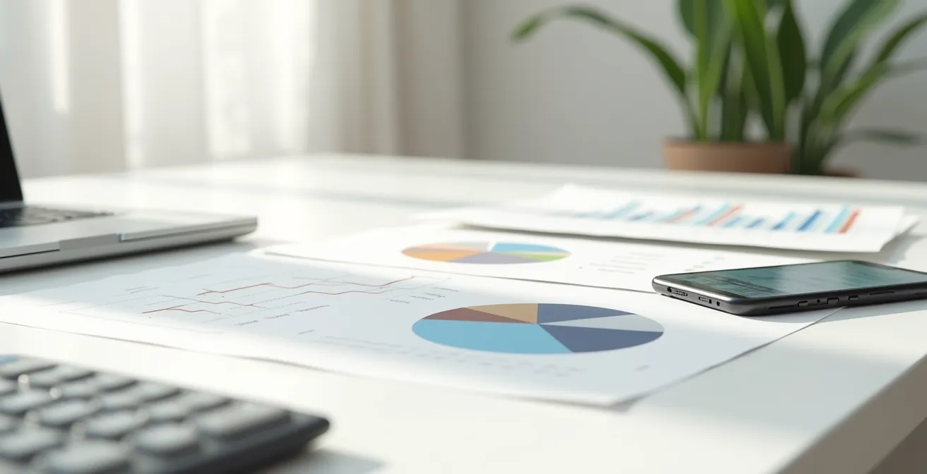 Un bureau épuré avec une calculatrice élégante et des graphiques abstraits montrant l'analyse de rentabilité d'un compte VIP
