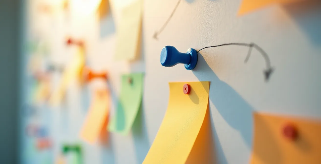 Calendrier mural avec épingles colorées marquant les étapes clés d'un projet de rénovation énergétique