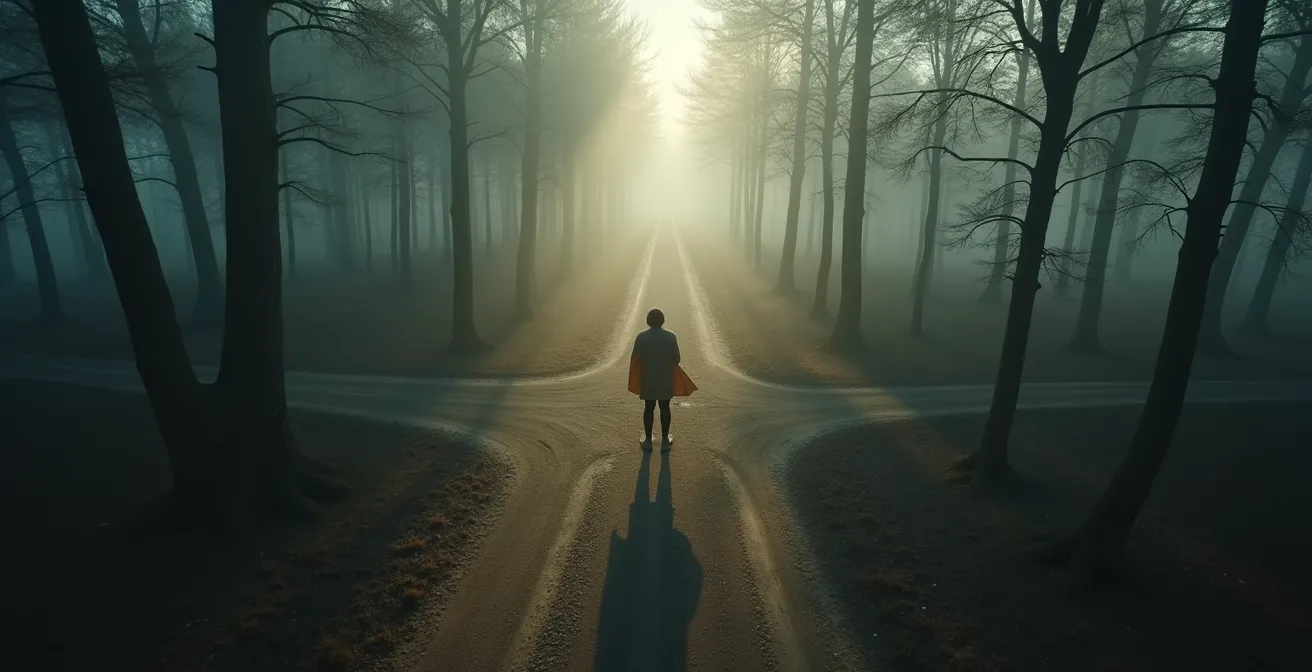 Vue aérienne d'une personne à un carrefour forestier avec trois chemins possibles, tenant une carte et une boussole