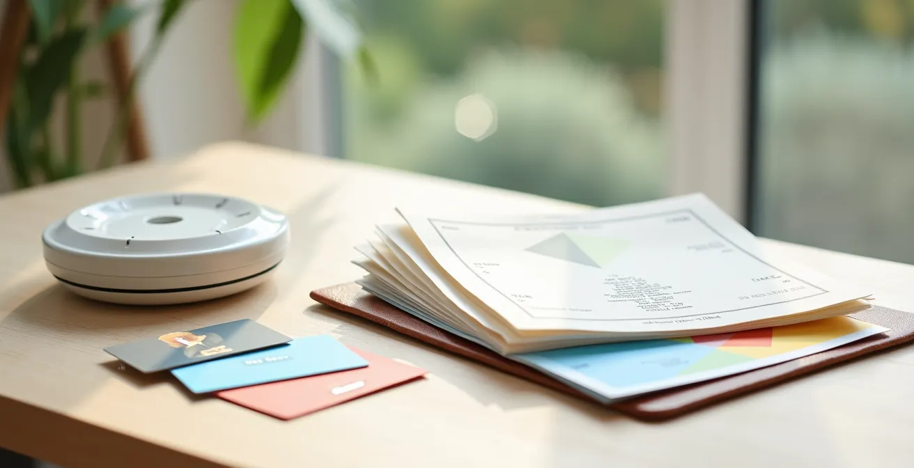 Composition minimaliste montrant des moyens de paiement pour les vacances avec badges de péage et cartes abstraites