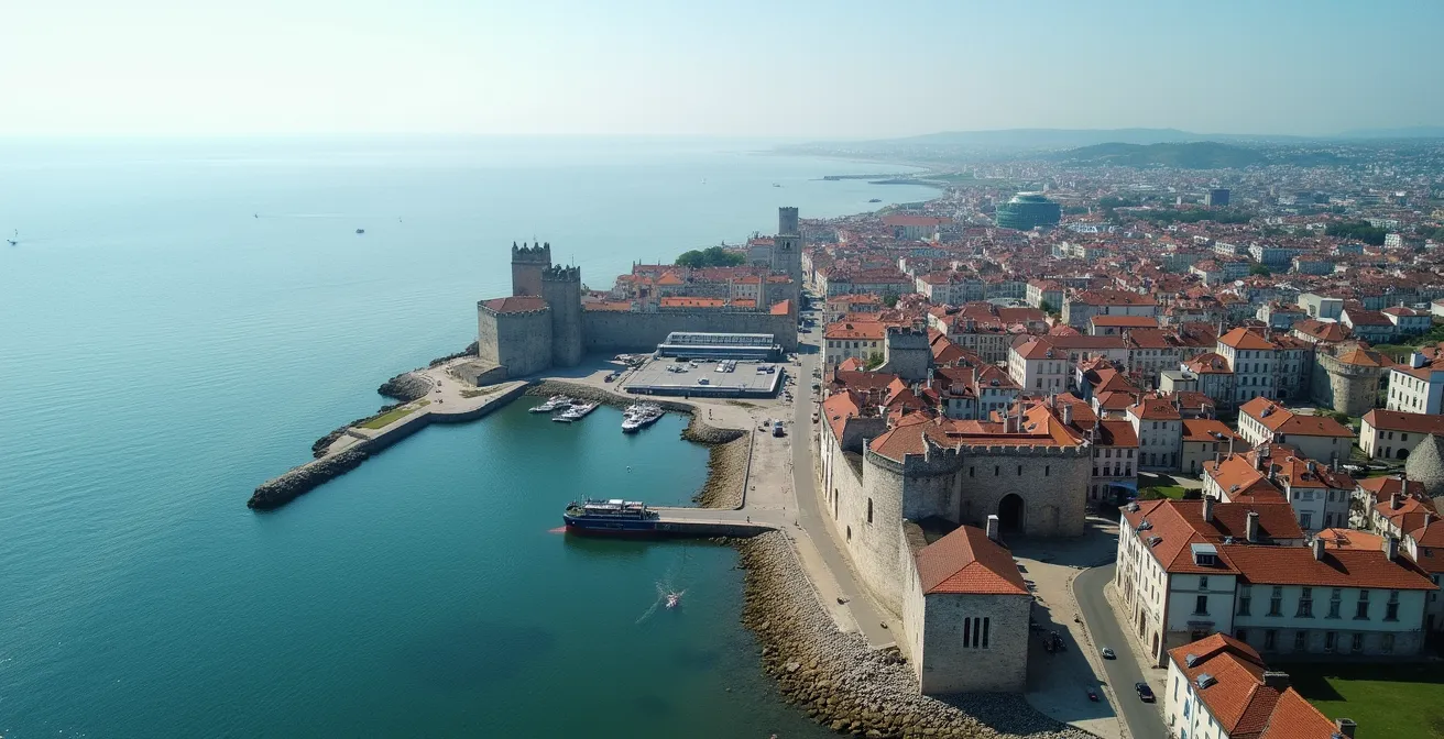 Vue aérienne montrant la proximité des gares avec les centres historiques de La Rochelle et Saint-Malo