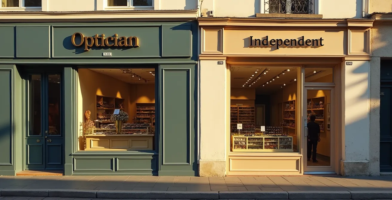 Vue en contre-plongée de deux devantures d'opticiens côte à côte dans une rue française