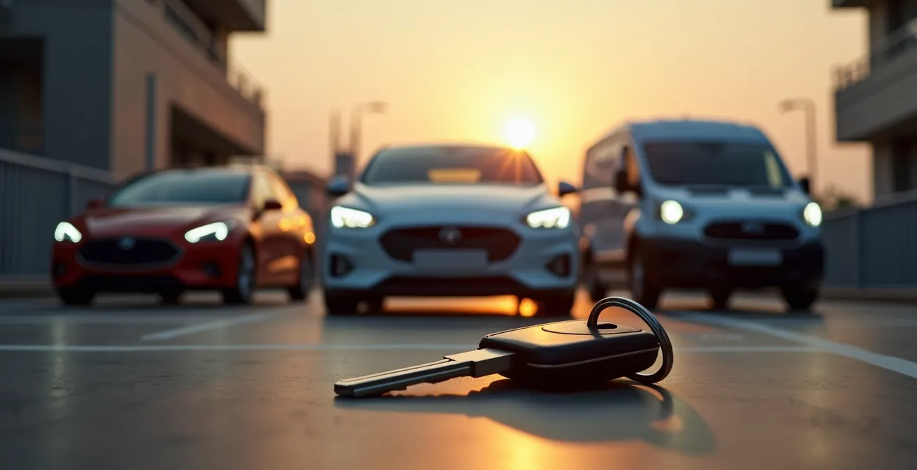 Trois options de véhicules d'entreprise garés devant un immeuble de bureaux, symbolisant le choix fiscal.