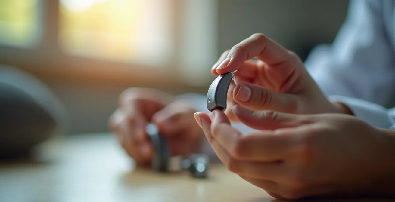 Gros plan sur les mains d'un audioprothésiste ajustant une prothèse auditive