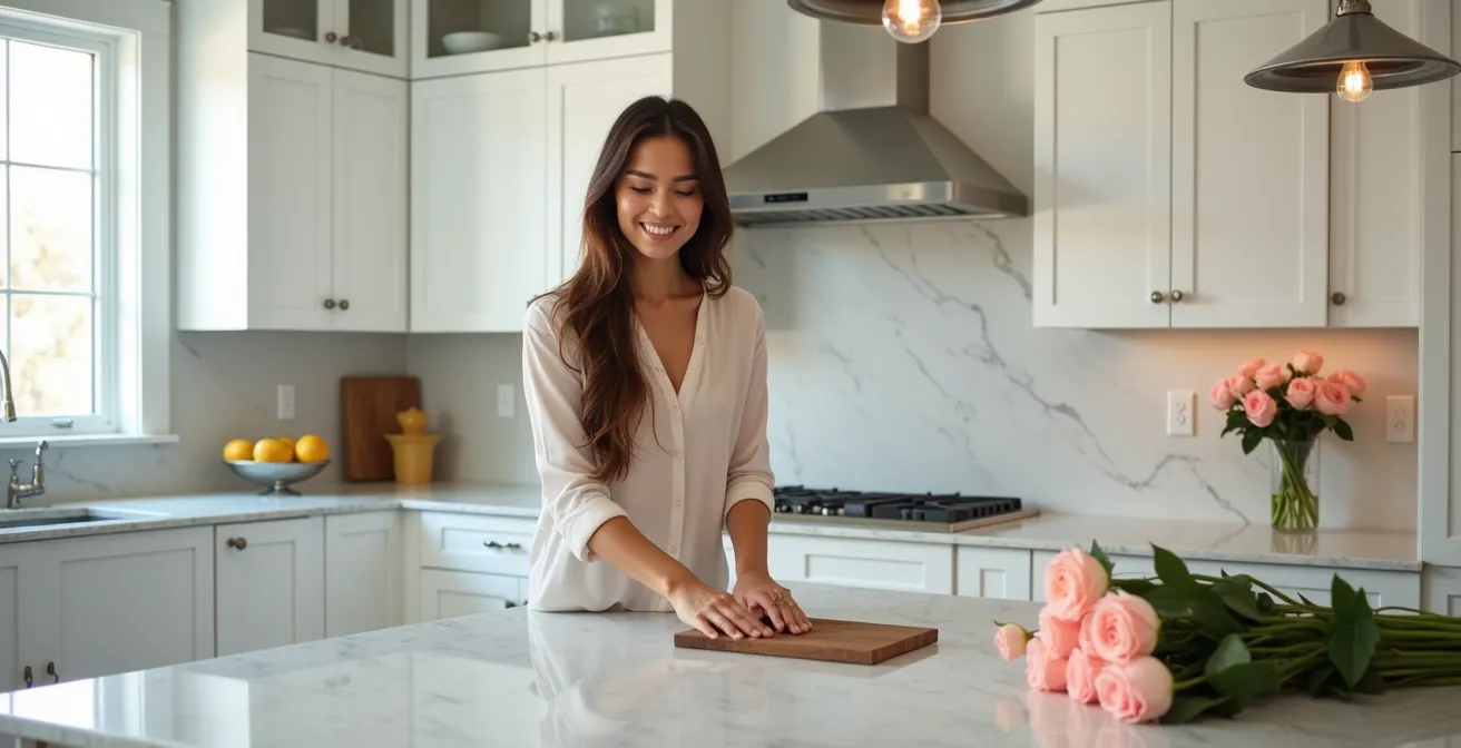 Cuisine rénovée avec îlot central et finitions contemporaines