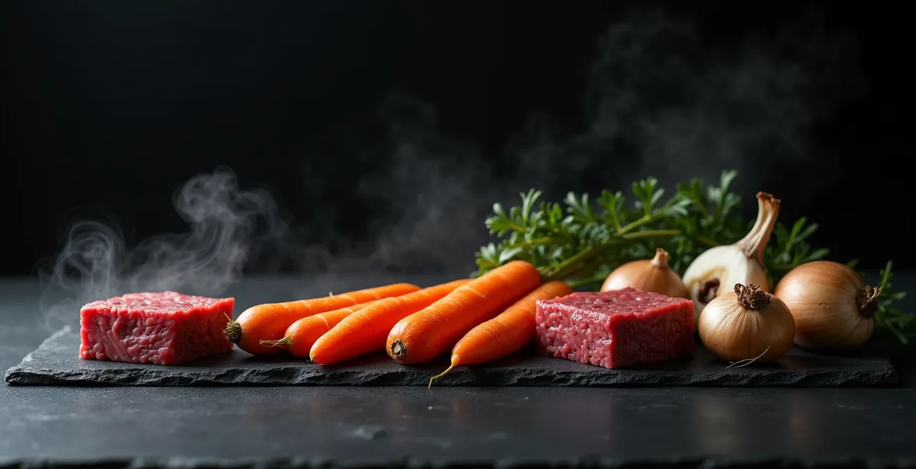 Ingrédients disposés par ordre chronologique d'ajout avec horloge de cuisine floue