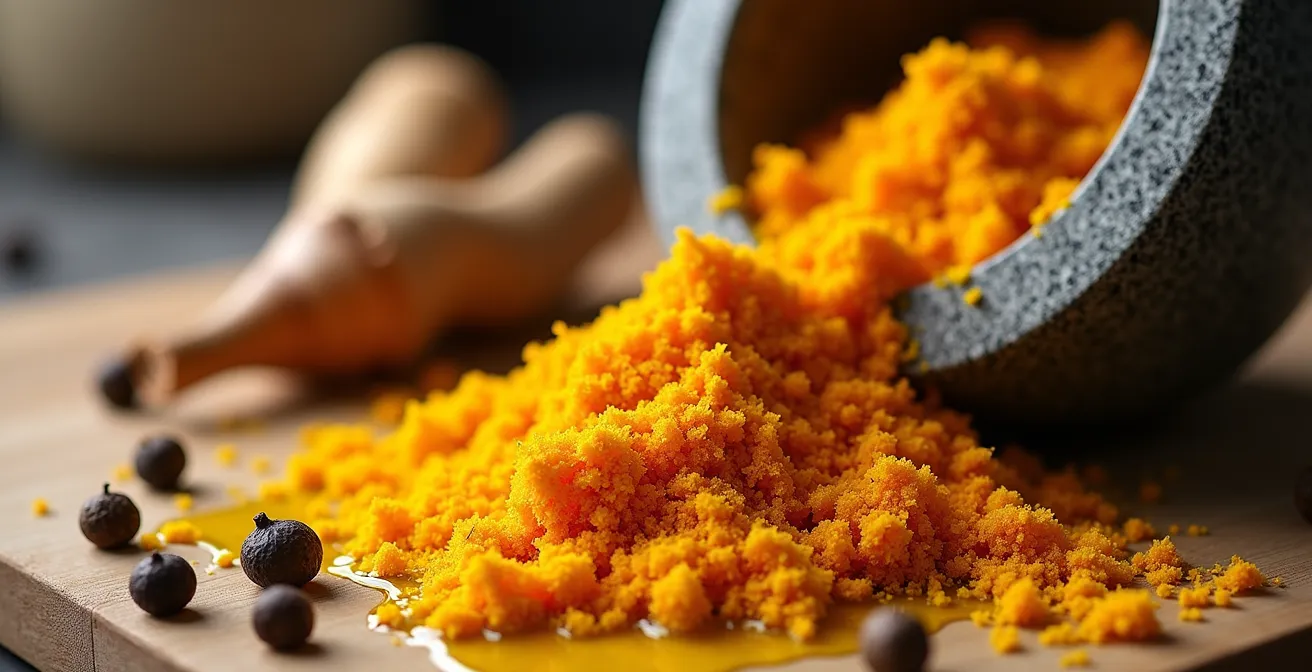 Gros plan sur du curcuma frais râpé dans un mortier avec du poivre noir et une cuillère d'huile dorée