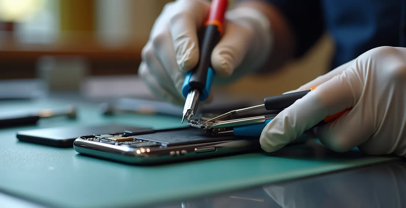 Mains expertes utilisant des outils spécialisés pour décoller délicatement une batterie de smartphone