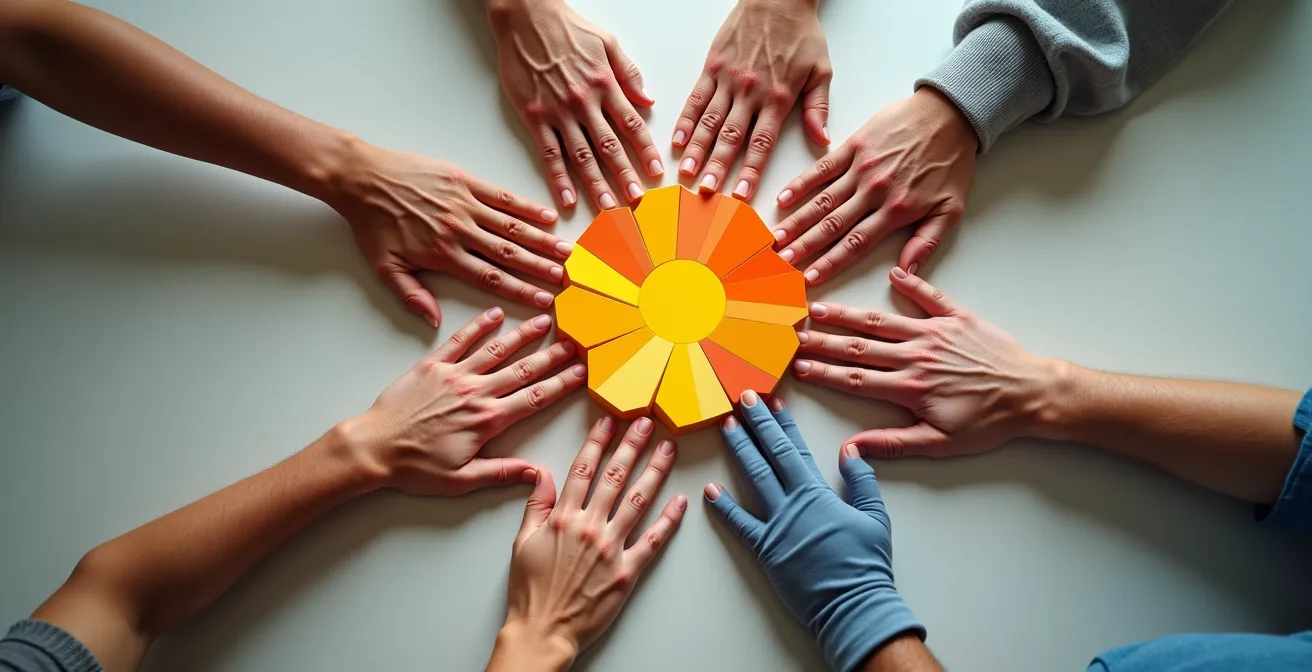 Discussion ouverte et bienveillante entre collaborateurs de différents âges autour d'une table