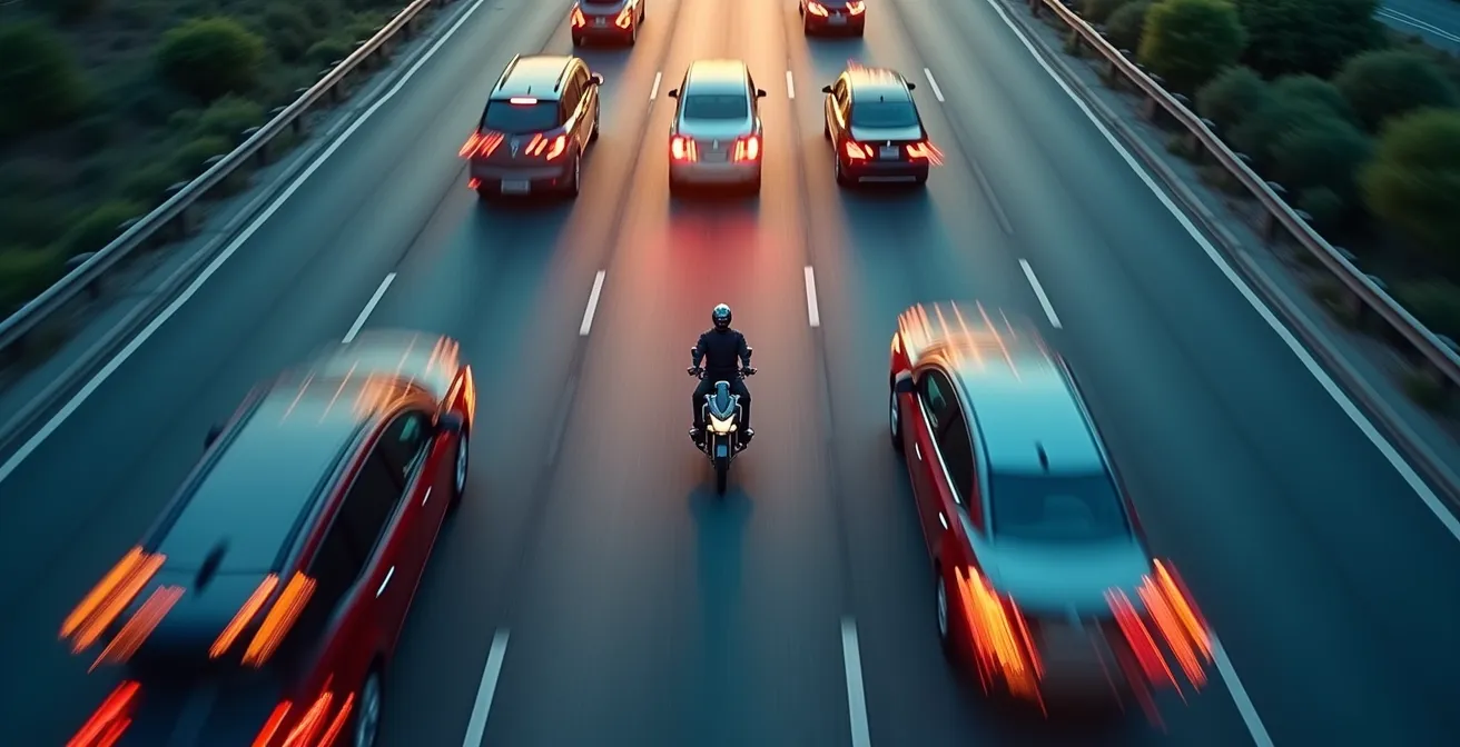 Vue aérienne montrant le différentiel de vitesse dangereux entre moto et voitures en inter-files