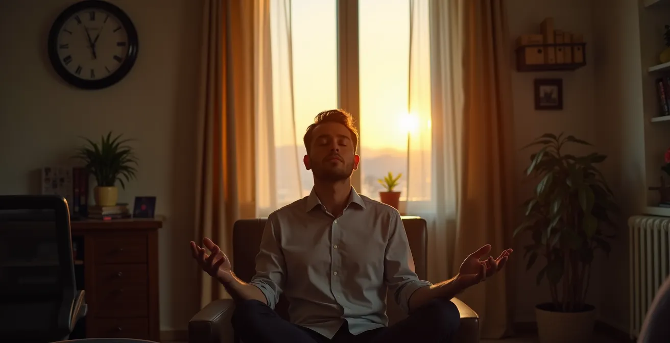 Entrepreneur en pause méditation dans un espace calme pour maintenir l'équilibre vie professionnelle et personnelle