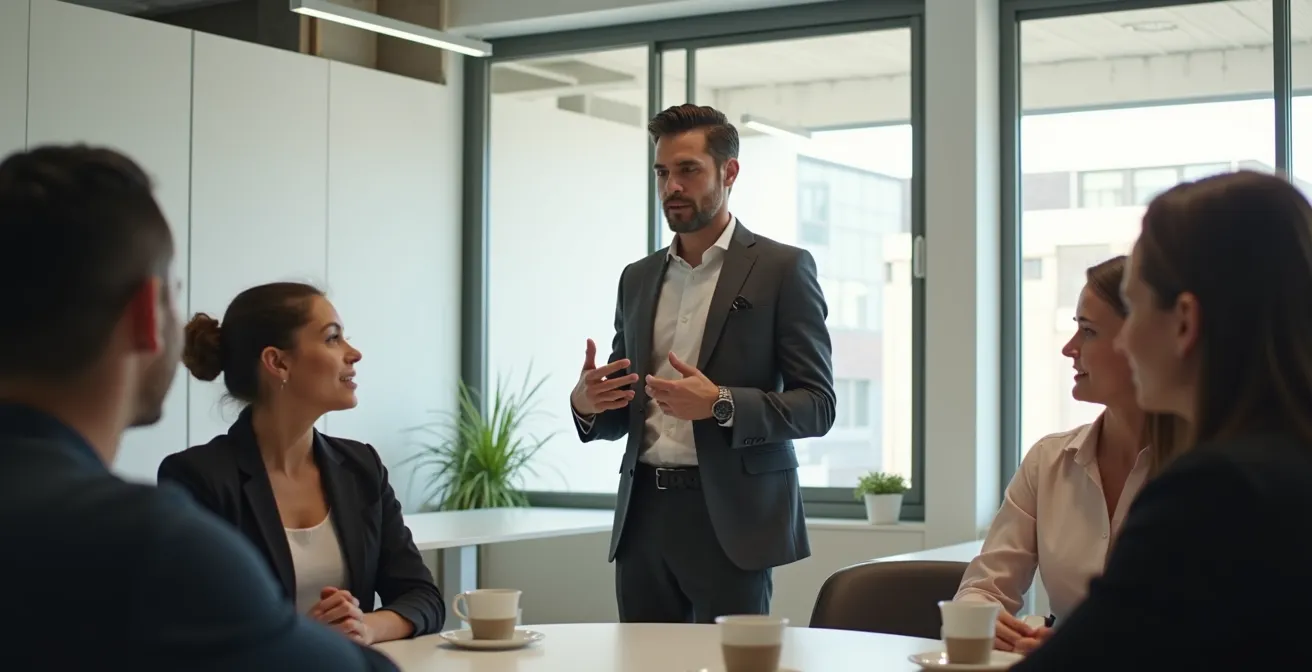 Entrepreneur présentant son projet lors d'un événement de networking local avec des professionnels attentifs