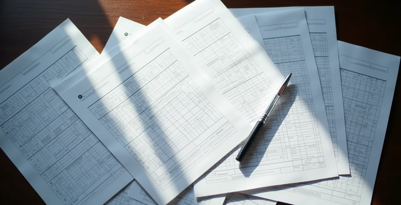 Bureau avec plusieurs feuilles de papier identiques éparpillées montrant la confusion d'un doublon administratif