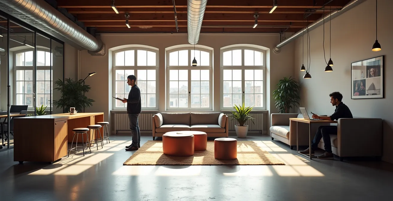 Espace de travail collaboratif avec zones modulables pour différentes activités d'équipe