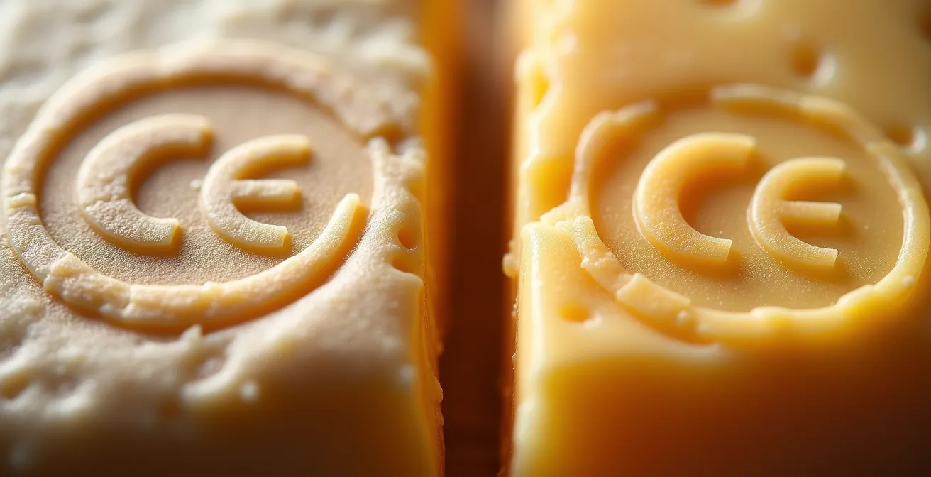 Gros plan macro sur estampilles ovales de fromages avec codes départementaux visibles