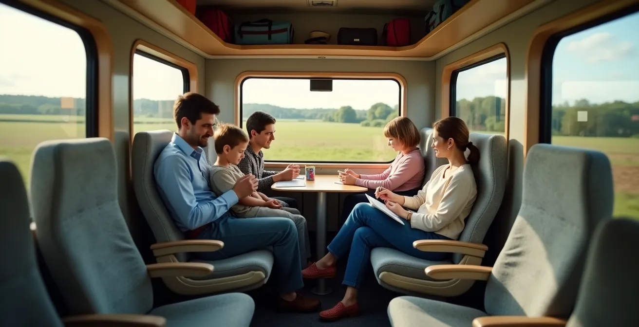 Famille détendue dans un train français avec paysage qui défile