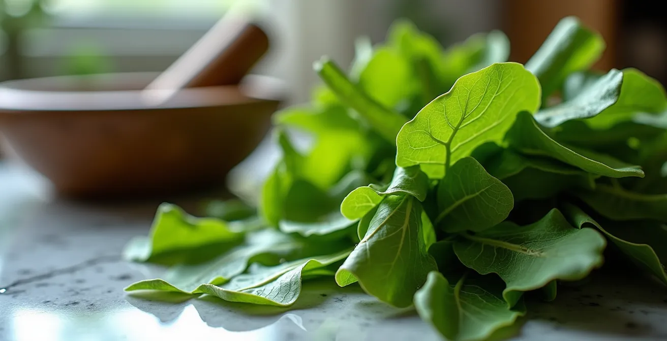 Gros plan sur des fanes de radis fraîches transformées en pesto vert vibrant