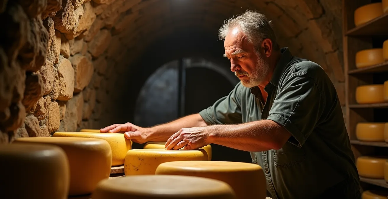 Cave d'affinage traditionnelle avec Mont d'Or dans leurs boîtes en épicéa