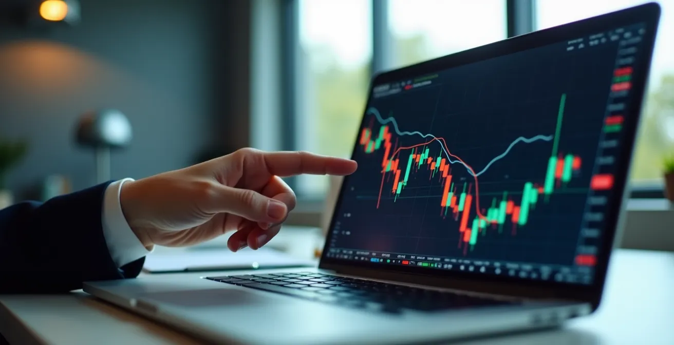 Main pointant vers un graphique d'évolution de prix sur écran d'ordinateur avec courbes colorées