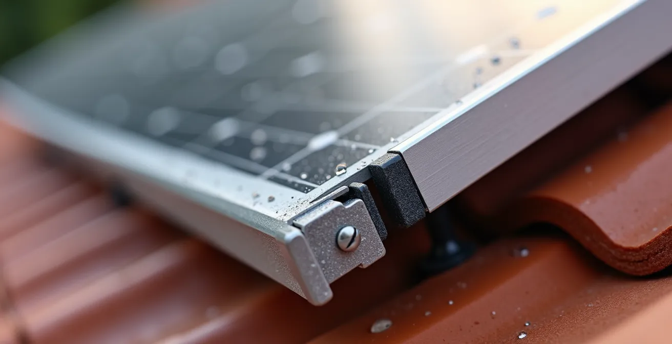 Vue rapprochée de fixations étanches de panneaux solaires sur toiture