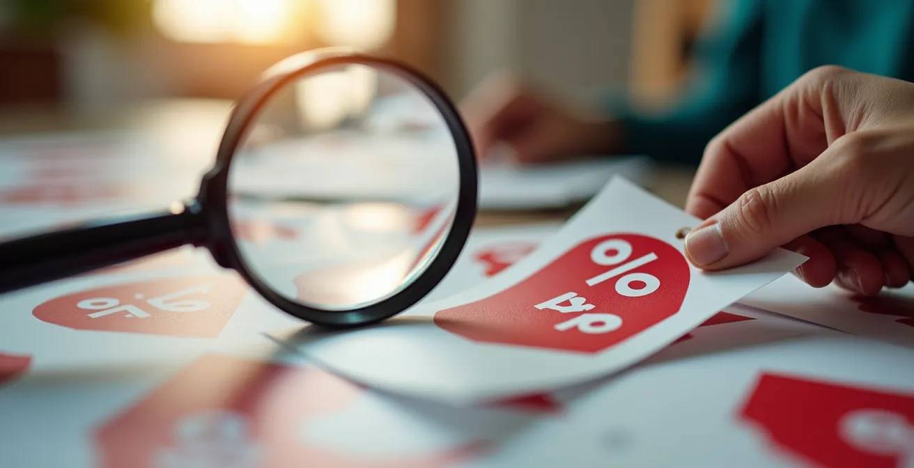 Main tenant une loupe examinant des étiquettes de promotion colorées avec des pourcentages flous