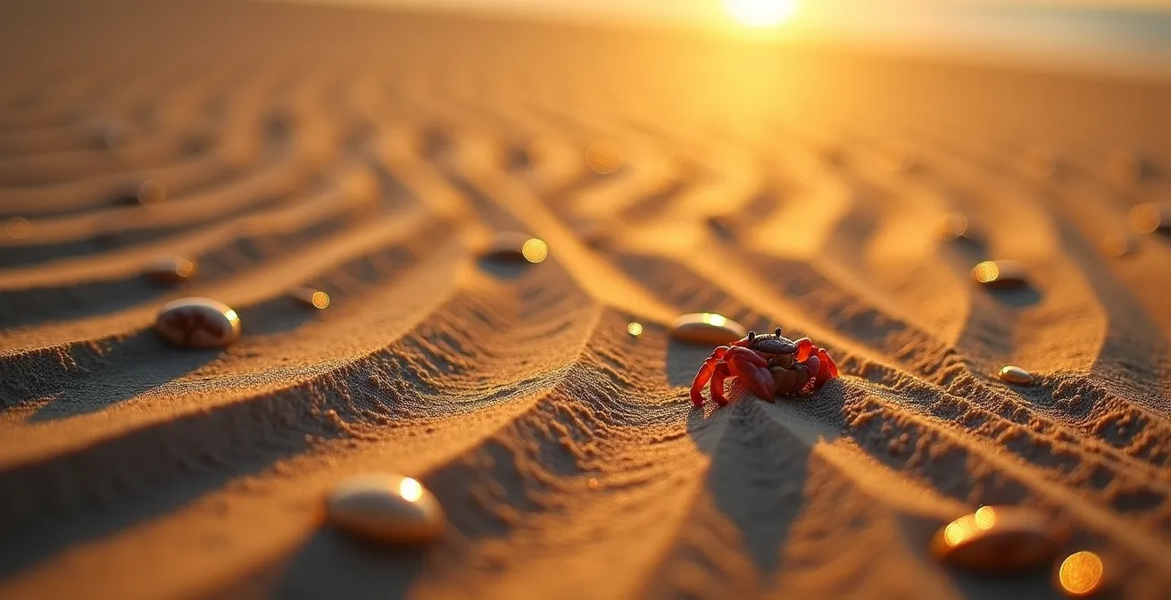 Plage baignée de lumière dorée au coucher du soleil avec ombres longues