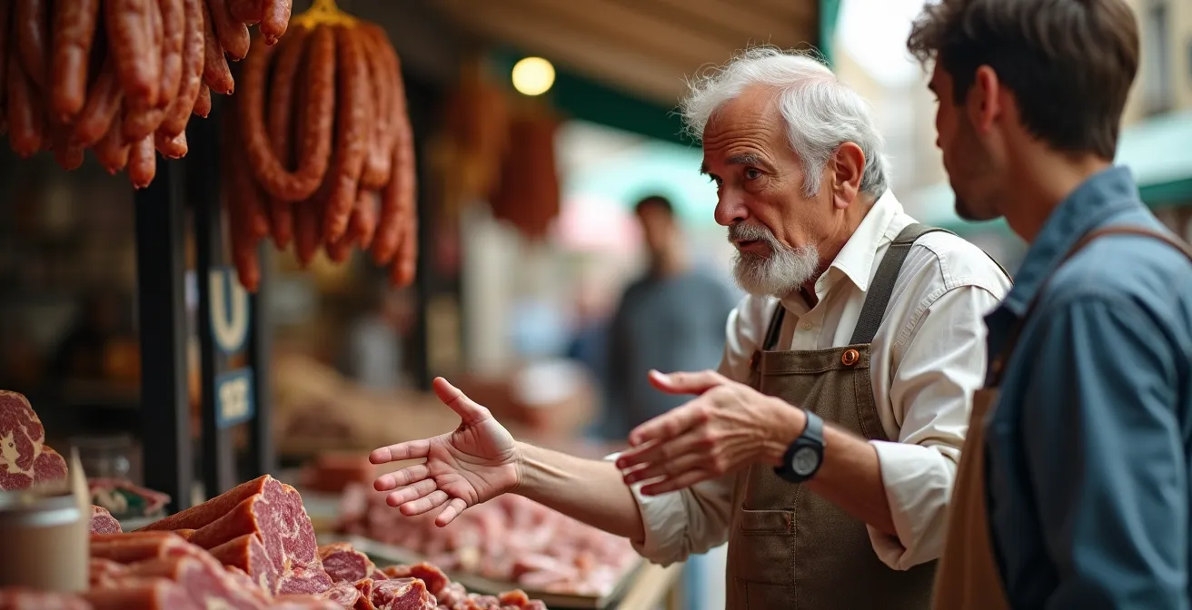 Producteur artisan expliquant ses méthodes à des clients sur un marché provençal