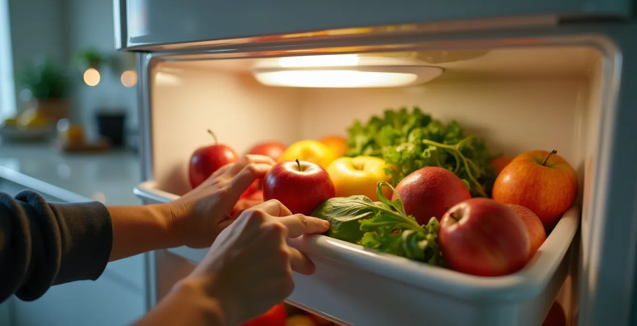 Vue intérieure d'un réfrigérateur français avec organisation optimale des fruits et légumes