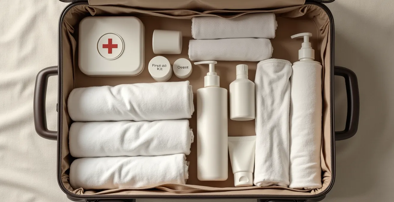 Organisation minimaliste d'une valise de voyage avec affaires bébé