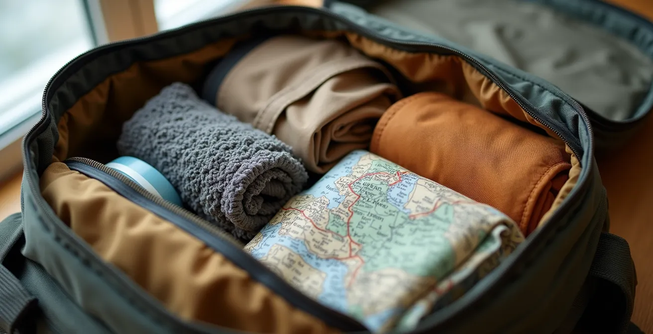 Sac à dos ouvert montrant l'organisation optimale des affaires pour un voyage d'une semaine