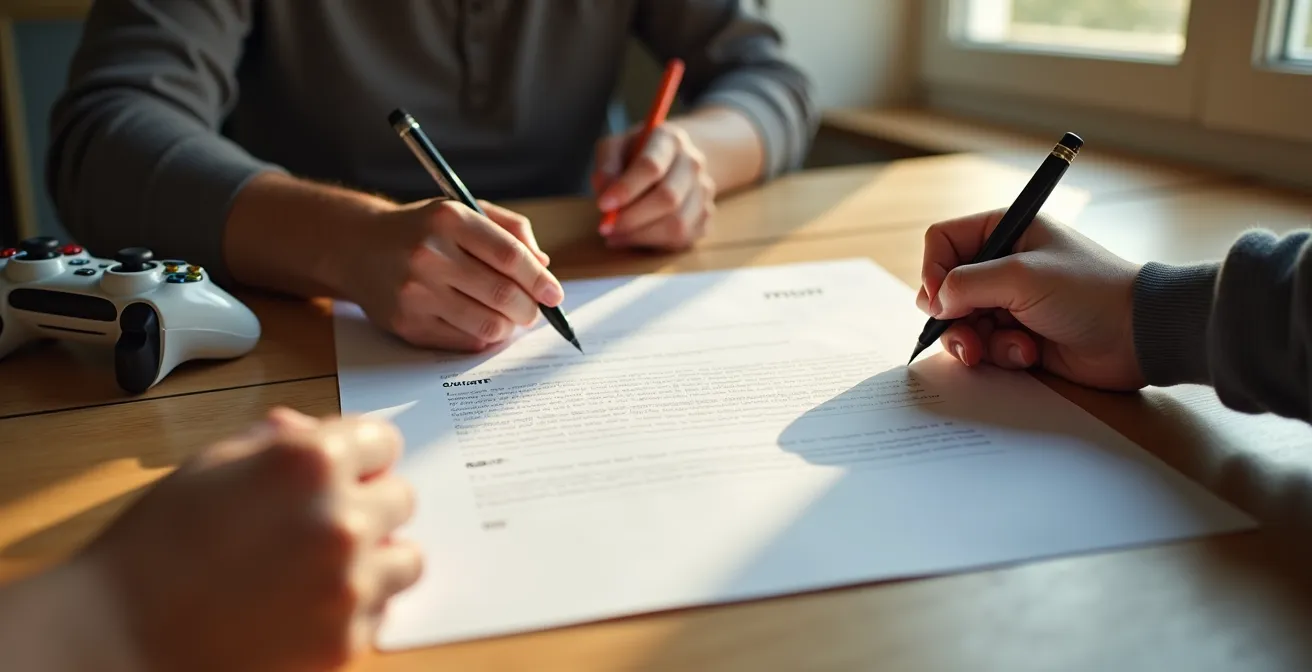 Parent et enfant signant ensemble un contrat familial symbolique sur une table, avec une manette de jeu et un minuteur.