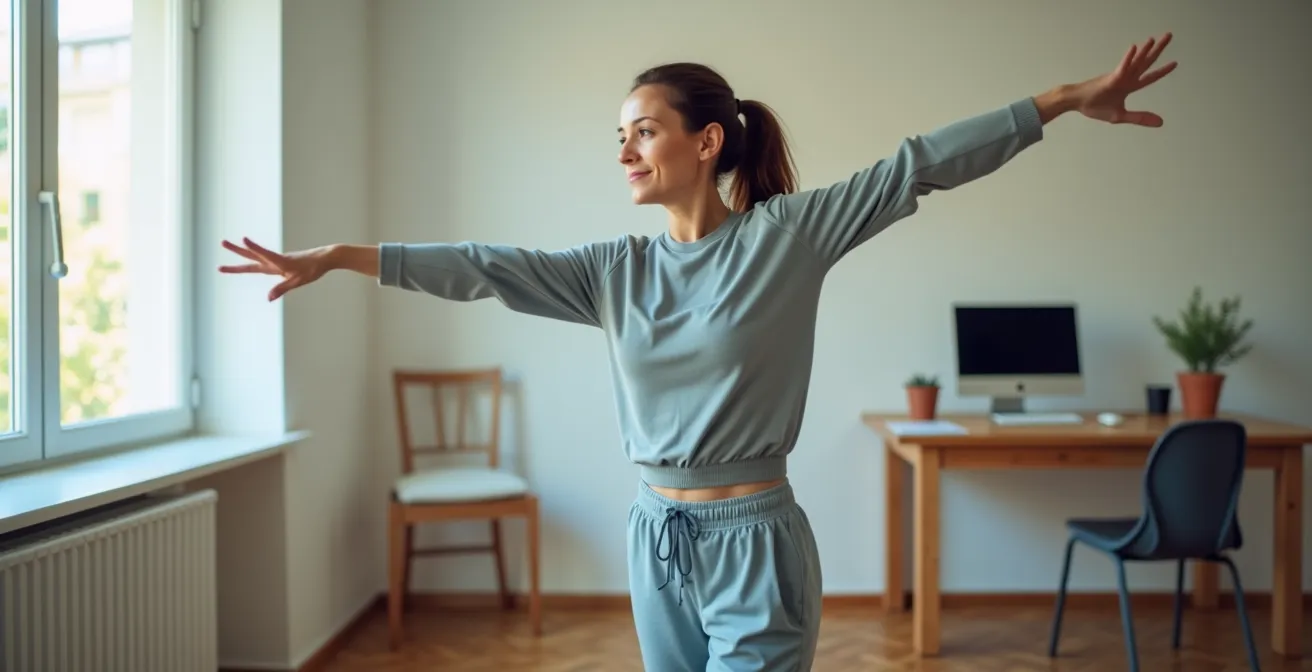 Personne effectuant des étirements debout près d'un bureau à domicile baigné de lumière naturelle