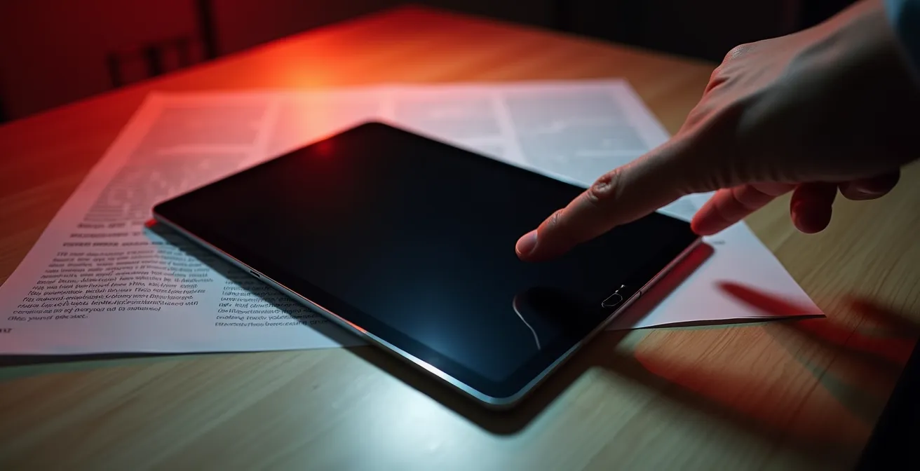 Tablette éteinte posée sur des documents flous avec une ombre de main menaçante, symbolisant le piège des formations CPF avec cadeau offert.