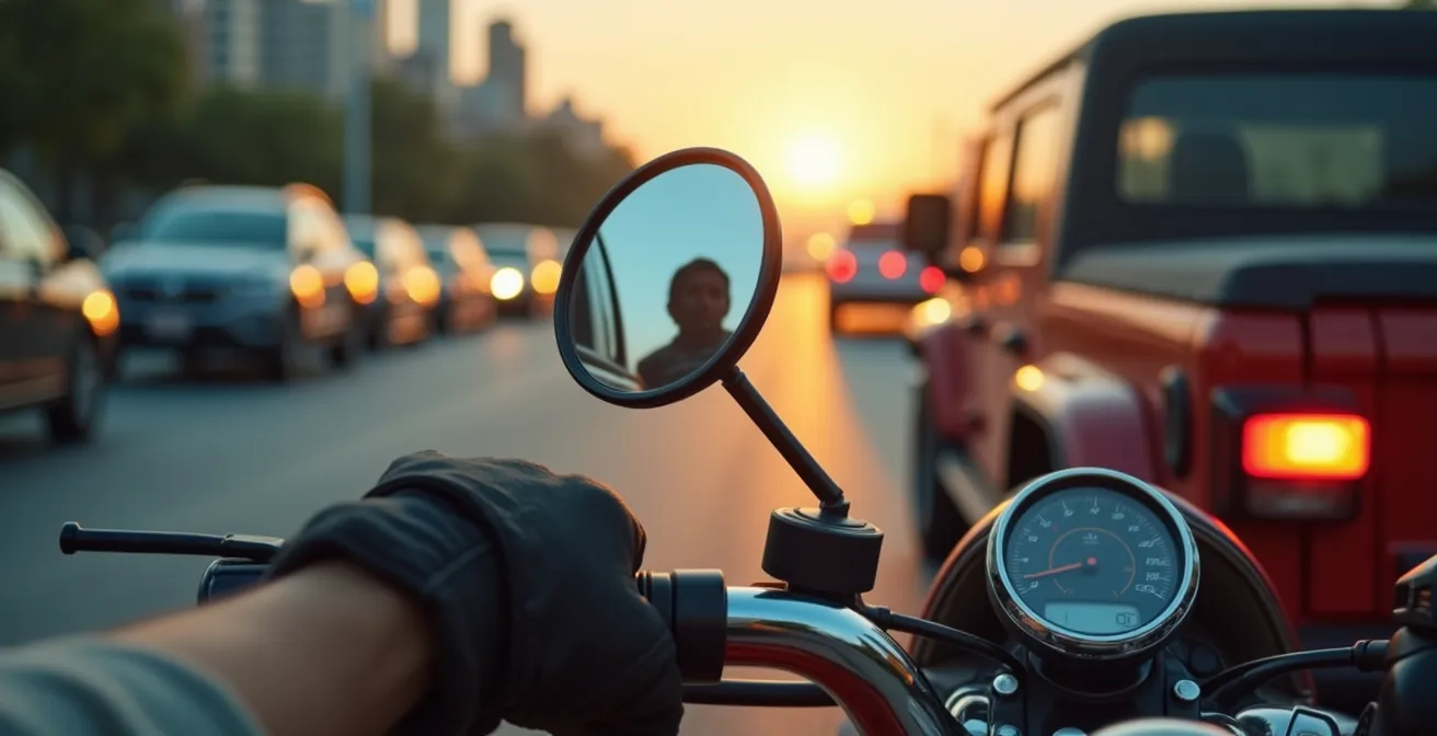 Schéma de positionnement dynamique d'une moto maximisant la visibilité face aux SUV