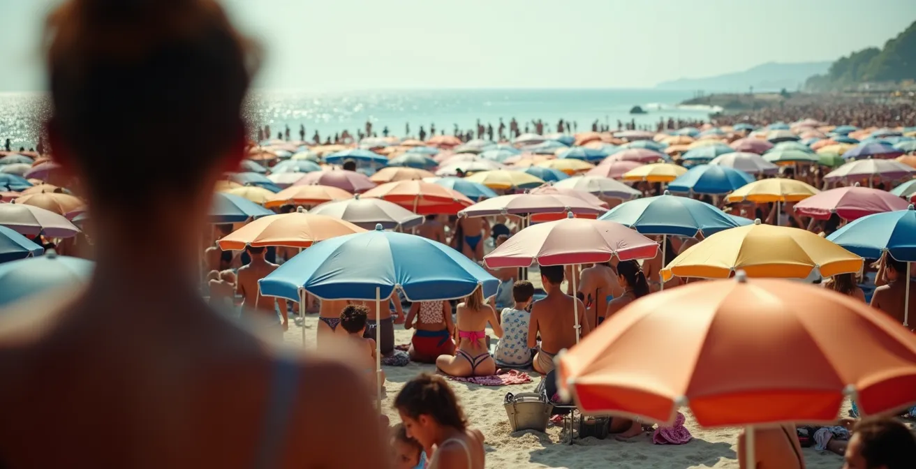 Vue aérienne d'une plage saturée de parasols colorés en début d'après-midi